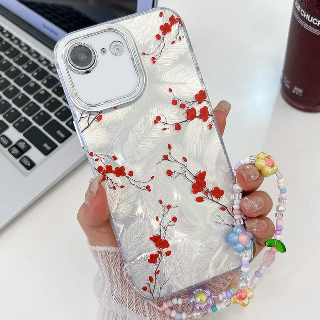 For iPhone 16e Electroplating Flower Texture Wristband TPU Phone Case(Red Plum Blossom SH2)