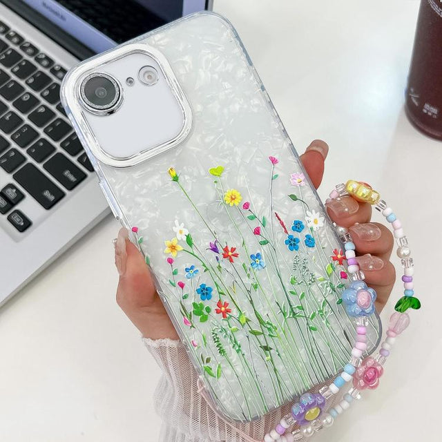 For iPhone 16e Electroplating Flower Texture Wristband TPU Phone Case(Little Wildflower SH3)
