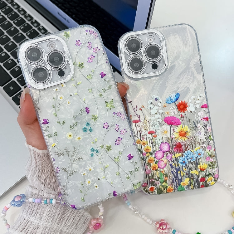 For iPhone 16e Electroplating Flower Texture Wristband TPU Phone Case(Purple Wildflowers SH1) - iPhone 16e Cases by PMC TechLife | Online Shopping South Africa | PMC TechLife | Buy Now Pay Later Mobicred
