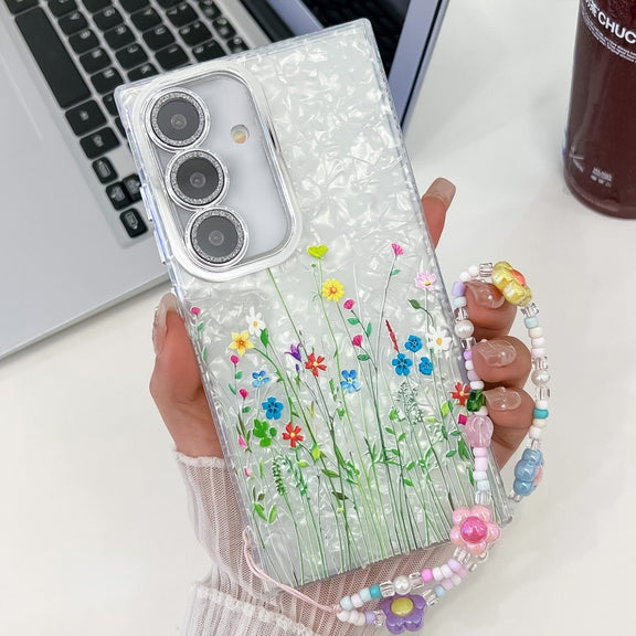 For Samsung Galaxy S25 5G Electroplating Flower Texture Wristband TPU Phone Case(Little Wildflower SH3)