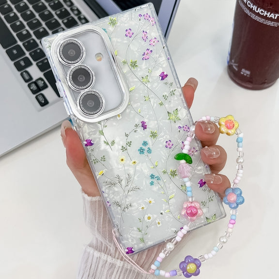 For Samsung Galaxy S25+ 5G Electroplating Flower Texture Wristband TPU Phone Case(Wild Chrysanthemum SH5)