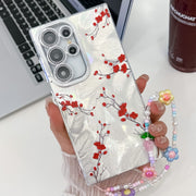 For Samsung Galaxy S25 Ultra 5G Electroplating Flower Texture Wristband TPU Phone Case(Red Plum Blossom SH2)