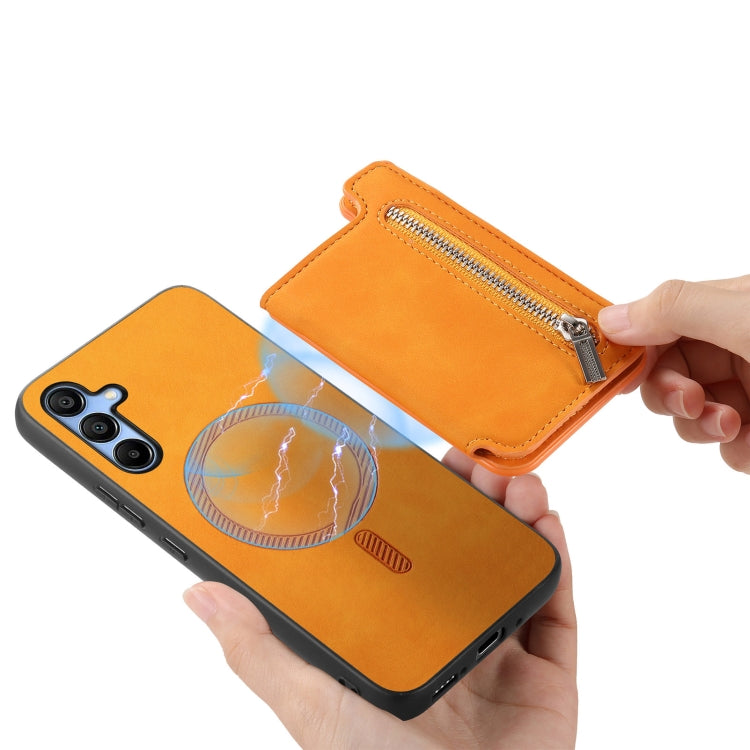 For Samsung Galaxy S25 5G Retro MagSafe Zipper Wallet Card Bag Back Phone Case(Yellow)