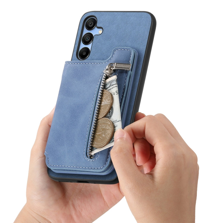 For Samsung Galaxy S25 5G Retro MagSafe Zipper Wallet Card Bag Back Phone Case(Blue)