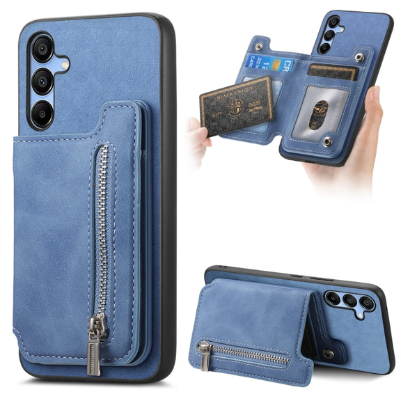 For Samsung Galaxy S25 5G Retro MagSafe Zipper Wallet Card Bag Back Phone Case(Blue)