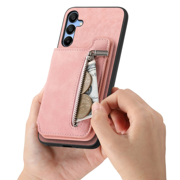 For Samsung Galaxy S25 5G Retro MagSafe Zipper Wallet Card Bag Back Phone Case(Pink)