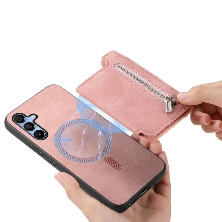 For Samsung Galaxy S25 5G Retro MagSafe Zipper Wallet Card Bag Back Phone Case(Pink) - Galaxy S25 5G Cases by PMC Jewellery | Online Shopping South Africa | PMC Jewellery | Buy Now Pay Later Mobicred