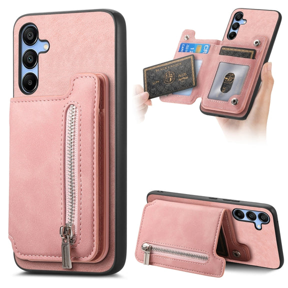 For Samsung Galaxy S25 5G Retro MagSafe Zipper Wallet Card Bag Back Phone Case(Pink)