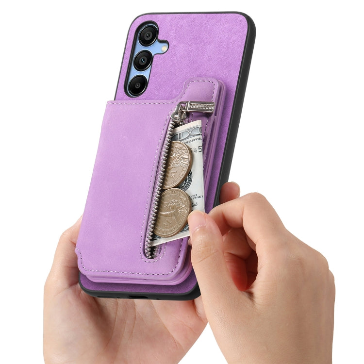 For Samsung Galaxy S25 5G Retro MagSafe Zipper Wallet Card Bag Back Phone Case(Purple)