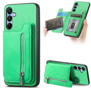 For Samsung Galaxy S25 5G Retro MagSafe Zipper Wallet Card Bag Back Phone Case(Green)