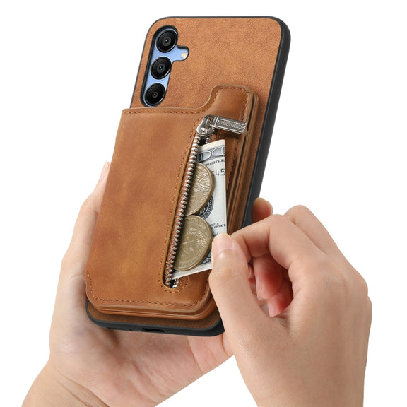 For Samsung Galaxy S25 5G Retro MagSafe Zipper Wallet Card Bag Back Phone Case(Brown)