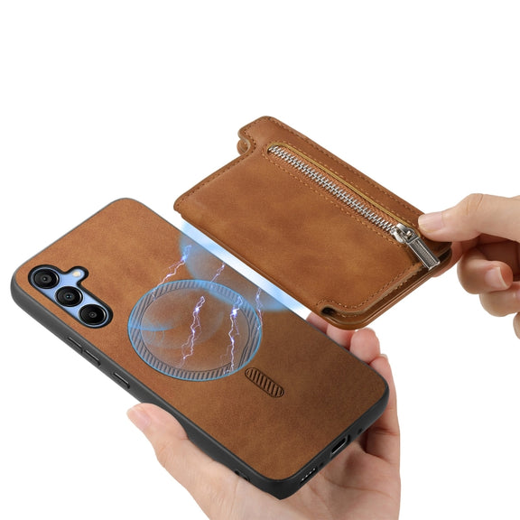 For Samsung Galaxy S25 5G Retro MagSafe Zipper Wallet Card Bag Back Phone Case(Brown)