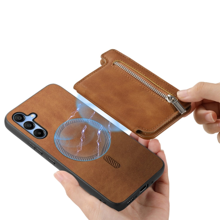 For Samsung Galaxy S25 5G Retro MagSafe Zipper Wallet Card Bag Back Phone Case(Brown)