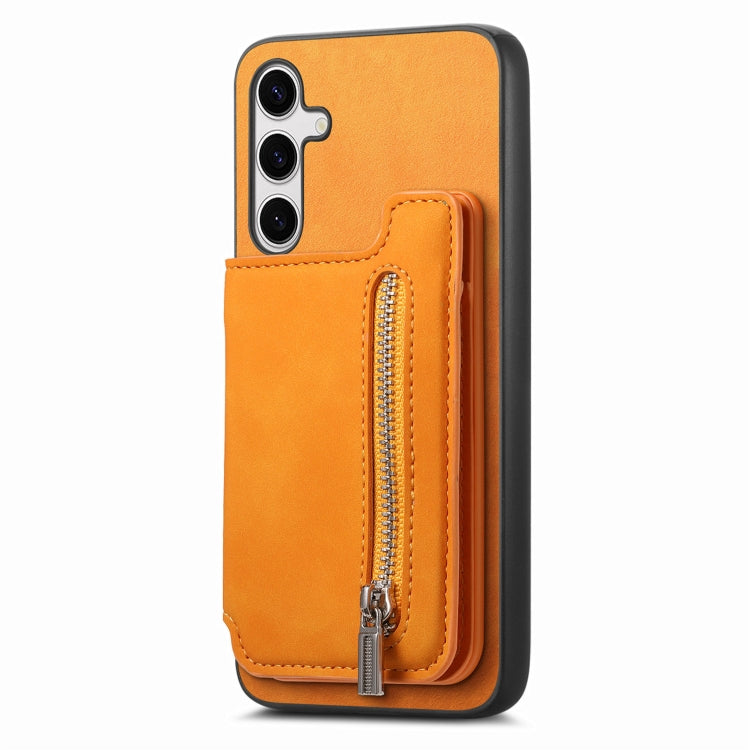 For Samsung Galaxy S25+ 5G Retro MagSafe Zipper Wallet Card Bag Back Phone Case(Yellow)
