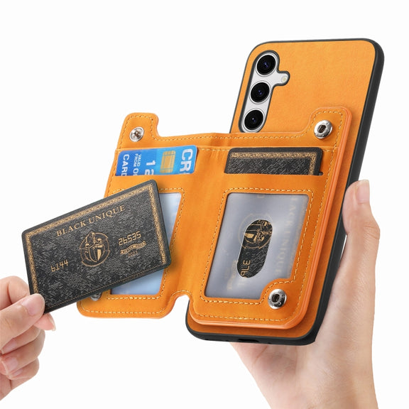 For Samsung Galaxy S25+ 5G Retro MagSafe Zipper Wallet Card Bag Back Phone Case(Yellow)