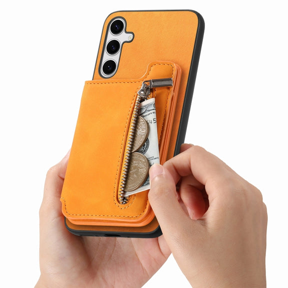 For Samsung Galaxy S25+ 5G Retro MagSafe Zipper Wallet Card Bag Back Phone Case(Yellow)