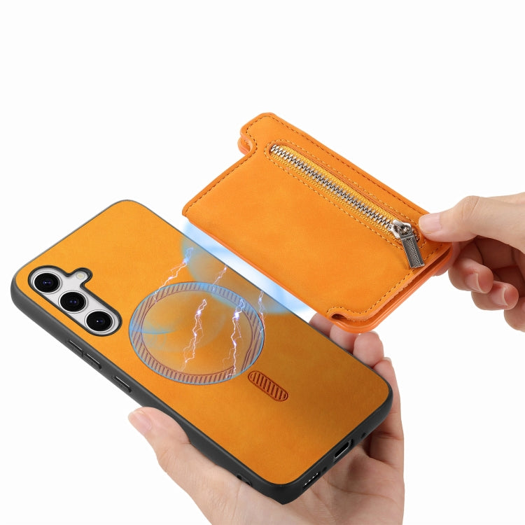 For Samsung Galaxy S25+ 5G Retro MagSafe Zipper Wallet Card Bag Back Phone Case(Yellow)