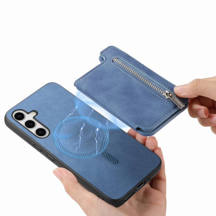 For Samsung Galaxy S25+ 5G Retro MagSafe Zipper Wallet Card Bag Back Phone Case(Blue)