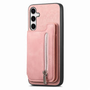 For Samsung Galaxy S25+ 5G Retro MagSafe Zipper Wallet Card Bag Back Phone Case(Pink)