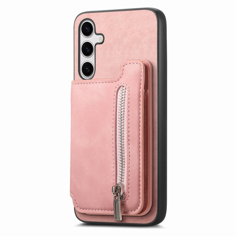 For Samsung Galaxy S25+ 5G Retro MagSafe Zipper Wallet Card Bag Back Phone Case(Pink)
