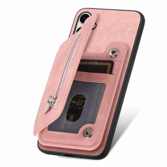 For Samsung Galaxy S25+ 5G Retro MagSafe Zipper Wallet Card Bag Back Phone Case(Pink)