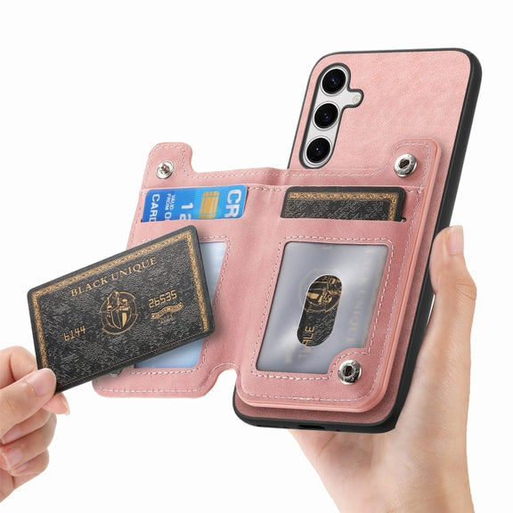 For Samsung Galaxy S25+ 5G Retro MagSafe Zipper Wallet Card Bag Back Phone Case(Pink)