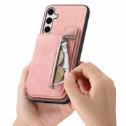 For Samsung Galaxy S25+ 5G Retro MagSafe Zipper Wallet Card Bag Back Phone Case(Pink)