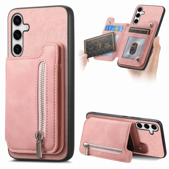 For Samsung Galaxy S25+ 5G Retro MagSafe Zipper Wallet Card Bag Back Phone Case(Pink)