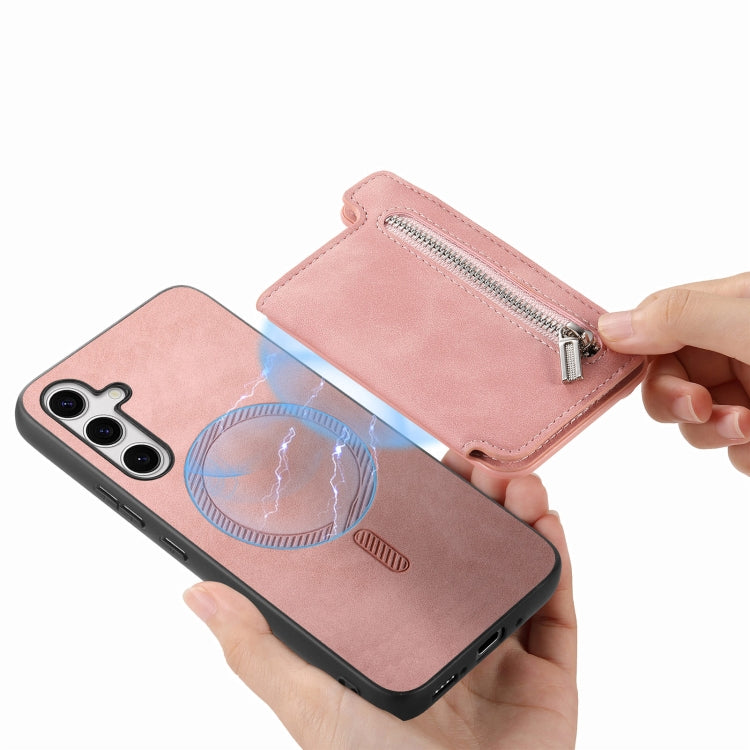 For Samsung Galaxy S25+ 5G Retro MagSafe Zipper Wallet Card Bag Back Phone Case(Pink)