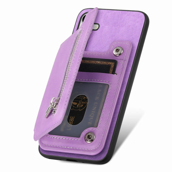 For Samsung Galaxy S25+ 5G Retro MagSafe Zipper Wallet Card Bag Back Phone Case(Purple)