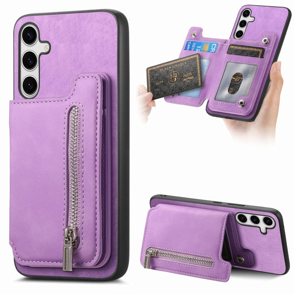 For Samsung Galaxy S25+ 5G Retro MagSafe Zipper Wallet Card Bag Back Phone Case(Purple)