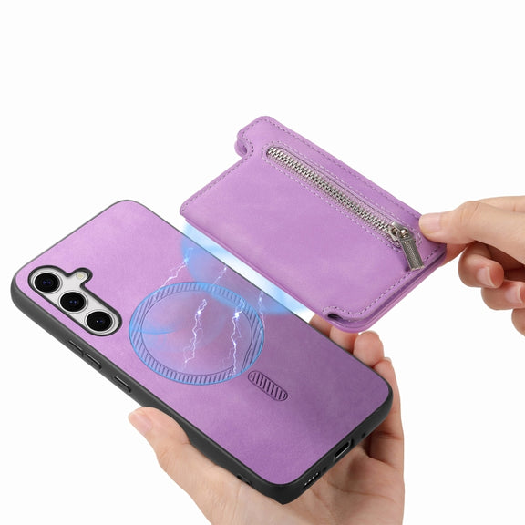 For Samsung Galaxy S25+ 5G Retro MagSafe Zipper Wallet Card Bag Back Phone Case(Purple)