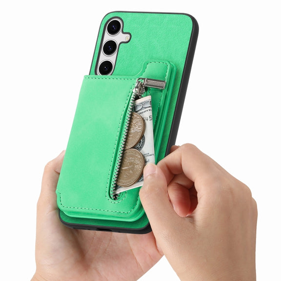 For Samsung Galaxy S25+ 5G Retro MagSafe Zipper Wallet Card Bag Back Phone Case(Green)