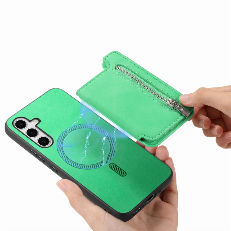 For Samsung Galaxy S25+ 5G Retro MagSafe Zipper Wallet Card Bag Back Phone Case(Green)