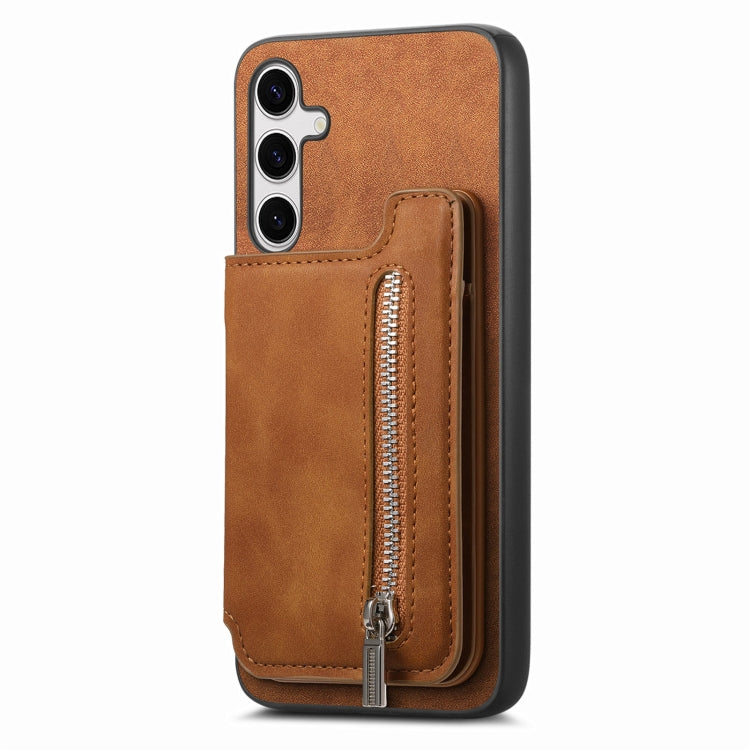 For Samsung Galaxy S25+ 5G Retro MagSafe Zipper Wallet Card Bag Back Phone Case(Brown)