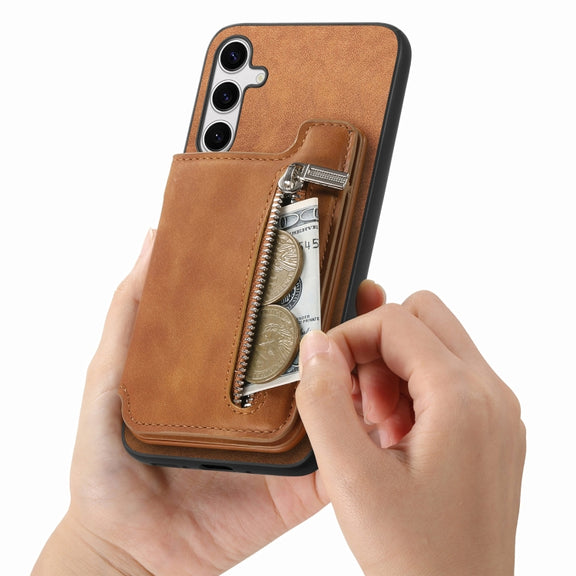 For Samsung Galaxy S25+ 5G Retro MagSafe Zipper Wallet Card Bag Back Phone Case(Brown)