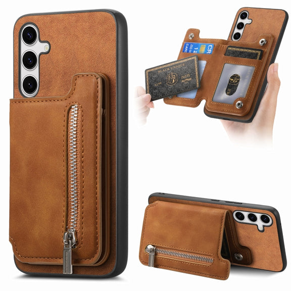 For Samsung Galaxy S25+ 5G Retro MagSafe Zipper Wallet Card Bag Back Phone Case(Brown)
