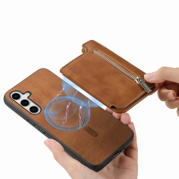 For Samsung Galaxy S25+ 5G Retro MagSafe Zipper Wallet Card Bag Back Phone Case(Brown)