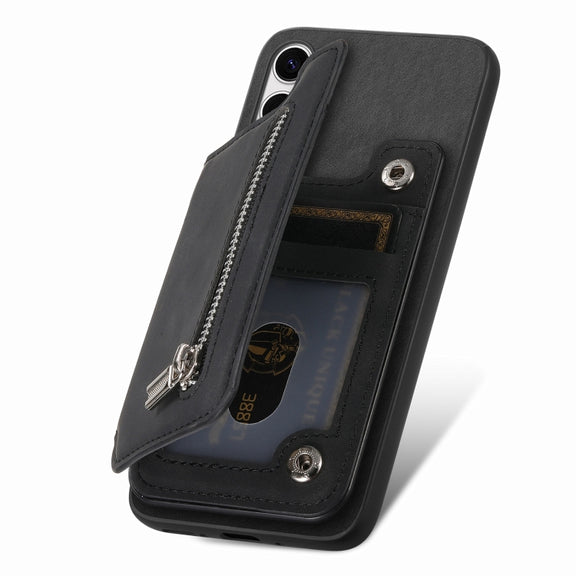 For Samsung Galaxy S25+ 5G Retro MagSafe Zipper Wallet Card Bag Back Phone Case(Black)