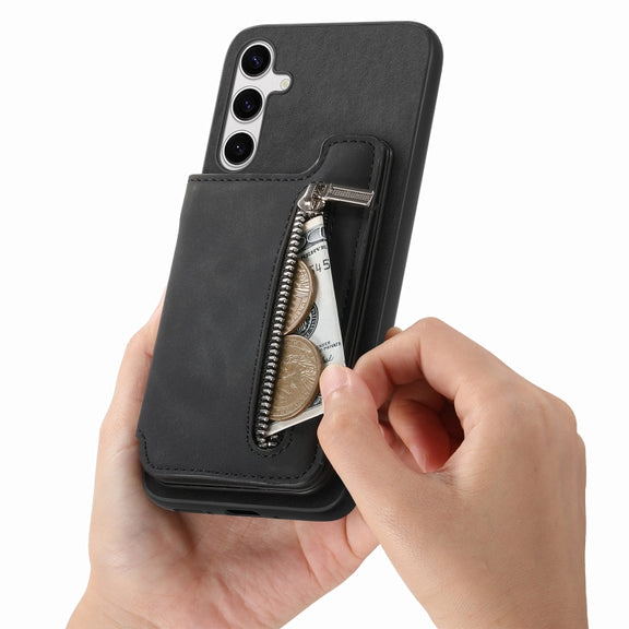 For Samsung Galaxy S25+ 5G Retro MagSafe Zipper Wallet Card Bag Back Phone Case(Black)