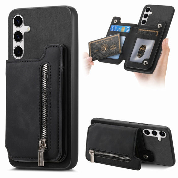 For Samsung Galaxy S25+ 5G Retro MagSafe Zipper Wallet Card Bag Back Phone Case(Black)