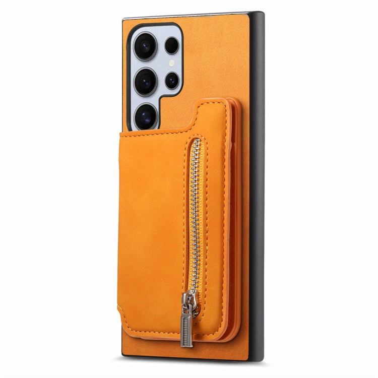 For Samsung Galaxy S25 Ultra 5G Retro MagSafe Zipper Wallet Card Bag Back Phone Case(Yellow)
