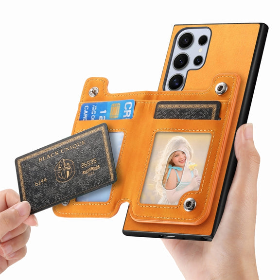 For Samsung Galaxy S25 Ultra 5G Retro MagSafe Zipper Wallet Card Bag Back Phone Case(Yellow)