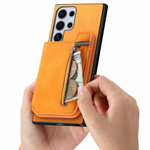 For Samsung Galaxy S25 Ultra 5G Retro MagSafe Zipper Wallet Card Bag Back Phone Case(Yellow)
