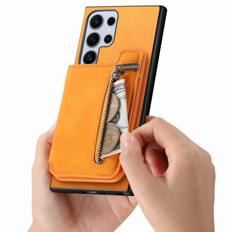For Samsung Galaxy S25 Ultra 5G Retro MagSafe Zipper Wallet Card Bag Back Phone Case(Yellow)