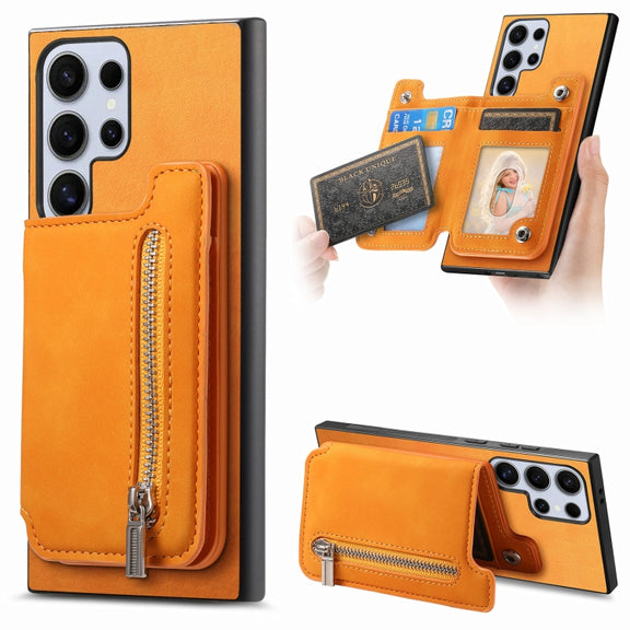 For Samsung Galaxy S25 Ultra 5G Retro MagSafe Zipper Wallet Card Bag Back Phone Case(Yellow)