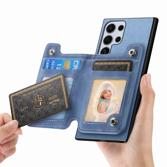 For Samsung Galaxy S25 Ultra 5G Retro MagSafe Zipper Wallet Card Bag Back Phone Case(Blue)