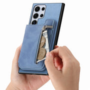For Samsung Galaxy S25 Ultra 5G Retro MagSafe Zipper Wallet Card Bag Back Phone Case(Blue)
