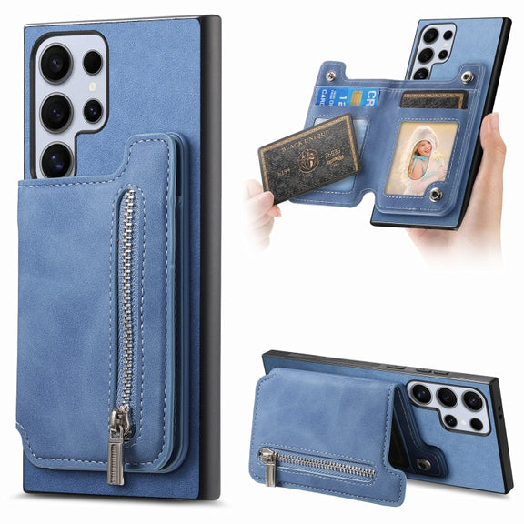 For Samsung Galaxy S25 Ultra 5G Retro MagSafe Zipper Wallet Card Bag Back Phone Case(Blue)