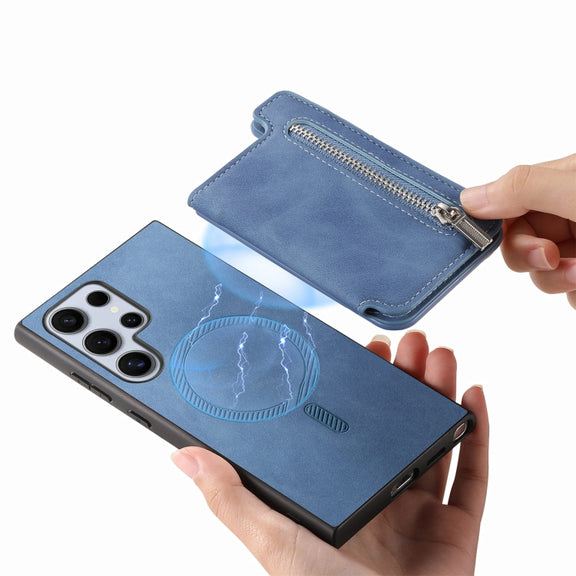 For Samsung Galaxy S25 Ultra 5G Retro MagSafe Zipper Wallet Card Bag Back Phone Case(Blue)